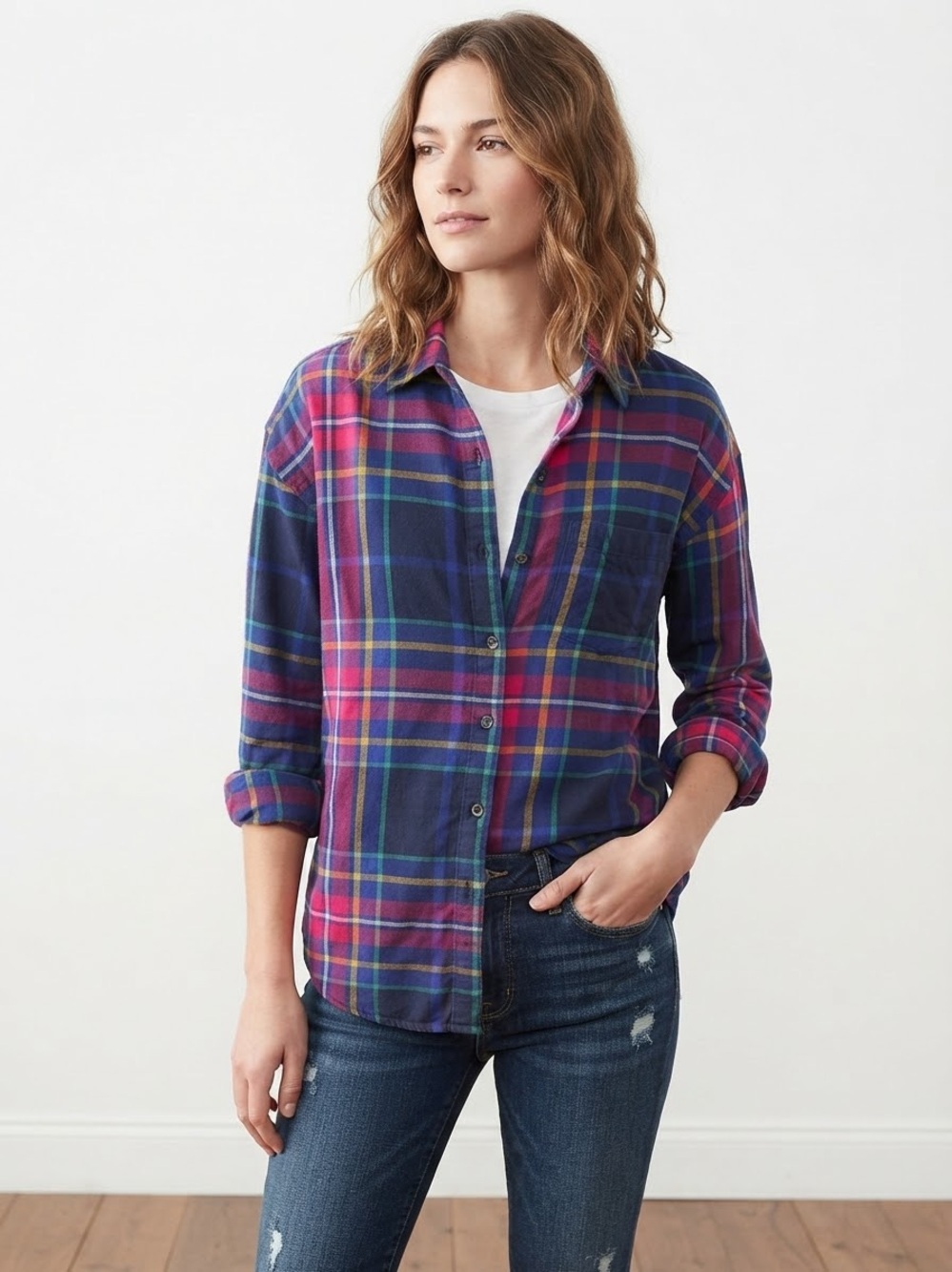 Old Navy The Boyfriend Shirt Rainbow Plaid Flannel Button Down Top Size XL